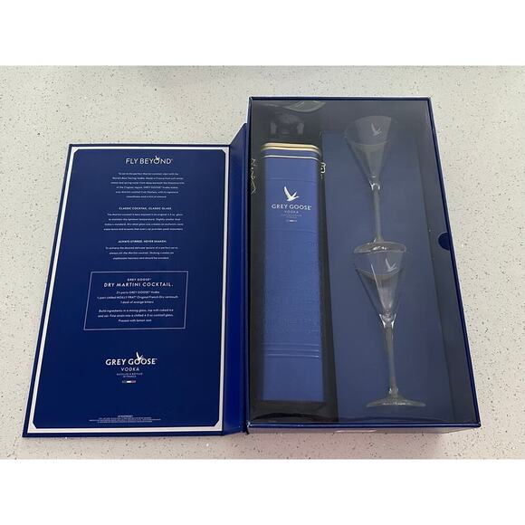 GREY GOOSE Other - 2 New Etched Grey Goose Vodka Crystal Martini Cocktail Glasses + Bottle Tin